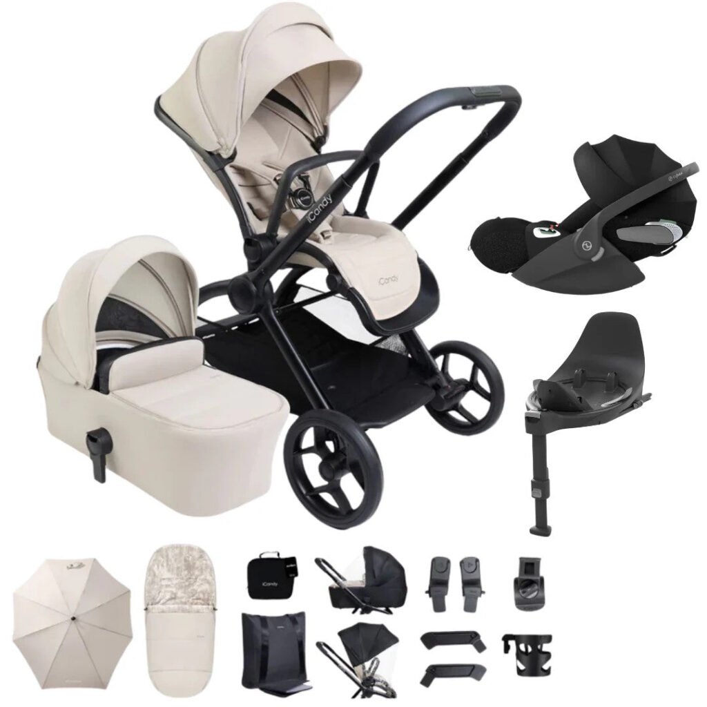 iCandy Core 2 Complete Pram, Accessory and Travel System Bundle with Cybex Cloud T & Base T - Sandstone