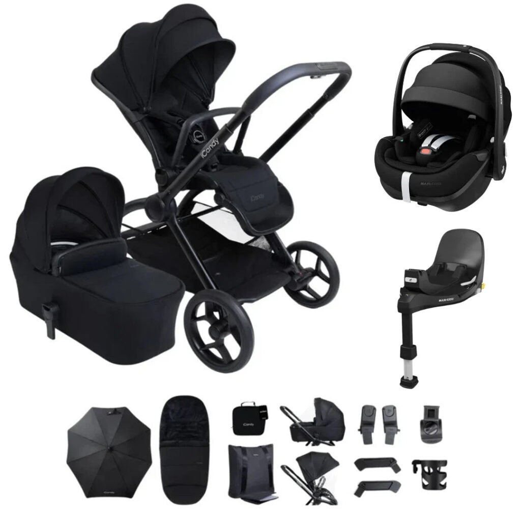 iCandy Core 2 Complete Pram, Accessory and Travel System Bundle with Maxi Cosi Pebble Slide Pro & FamilyFix Slide Pro - Black