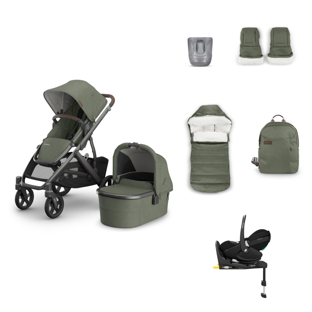 Uppababy Vista V3 Pram, Accessory and Travel System Bundle with Maxi Cosi Pebble Slide Pro and FamilyFix Slide Pro Base - Evelyn